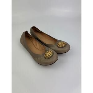 Tory Burch Caroline Leather Ballet Flats Women's 7.5M Beige Slip On Shoes